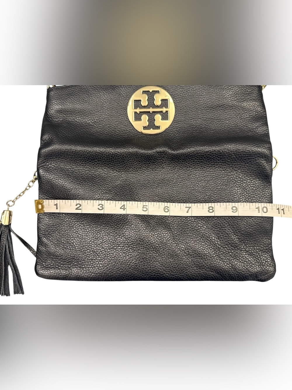 Tory Burch Black Pebbled Leather Flap Wristlet Clutch with Gold Logo - Picture 13 of 14